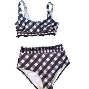 ASOS 2 Piece Swimsuit Plaid with Pom Poms Size 4